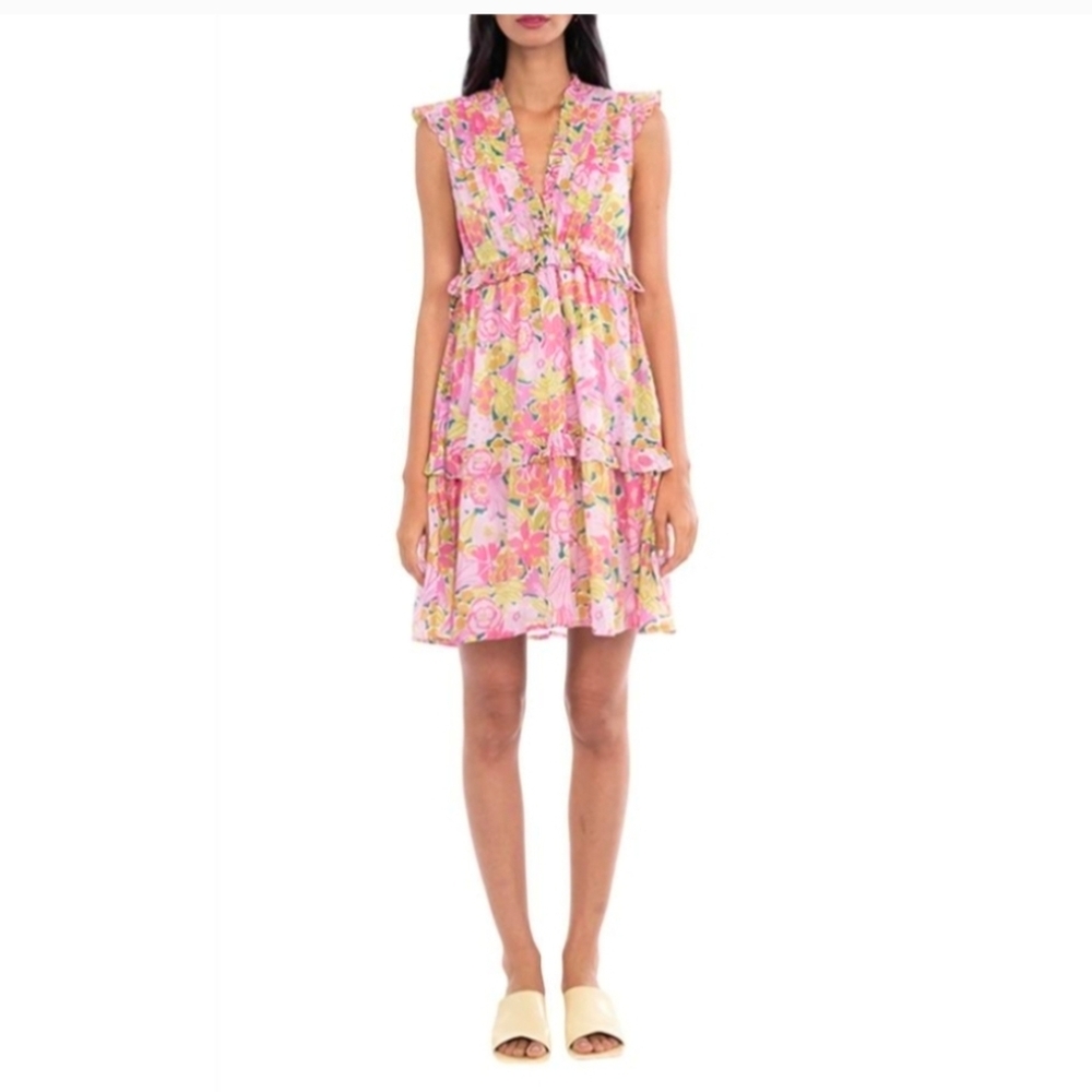Banjanan Feminine Cottagecore Floral Tiered Ruffle Chandra Mini Dress Large